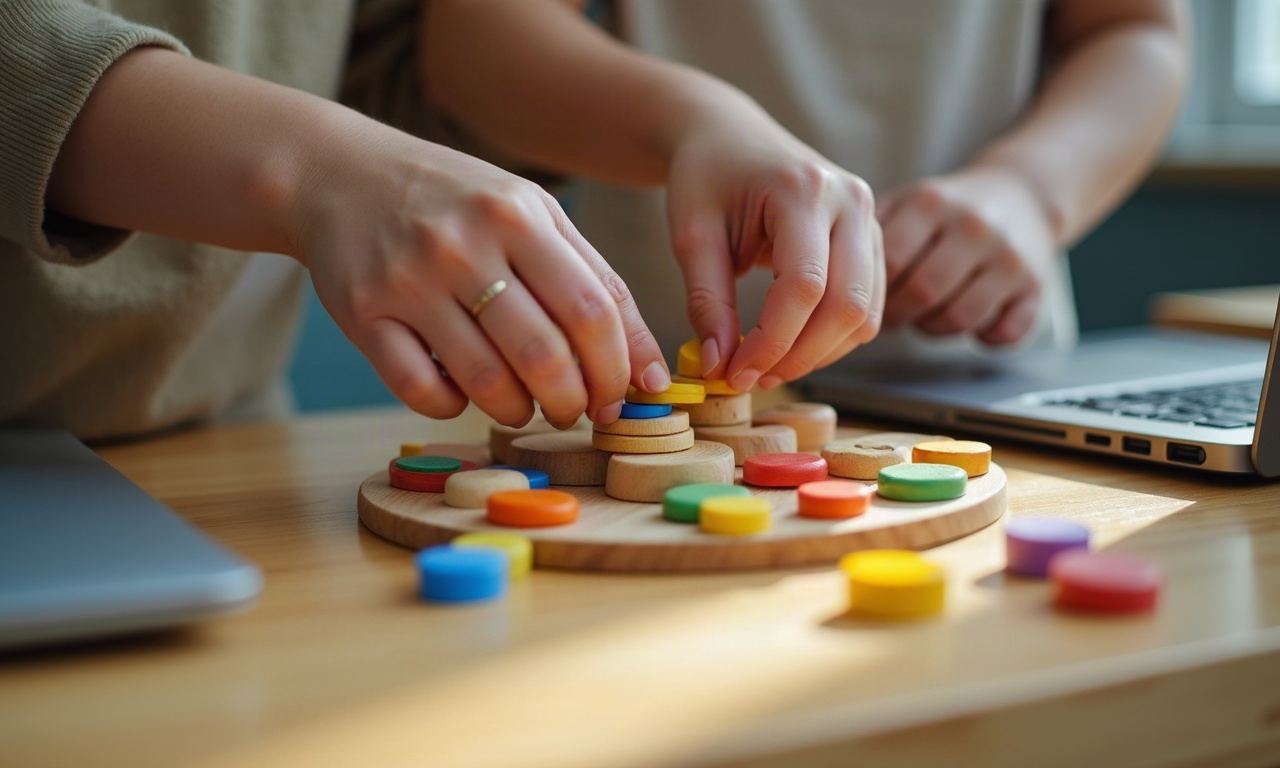 Adult and child hands arranging wooden blocks and craft materials on desk surface