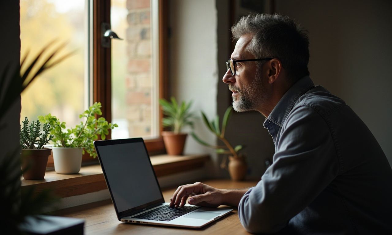 Person looking out window thoughtfully with plants on windowsill
